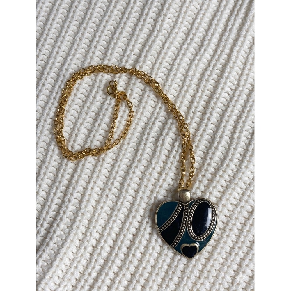 Vintage‎ Gold Tone Heart Pendant Necklace Blue Black Enamel Statement Jewelry